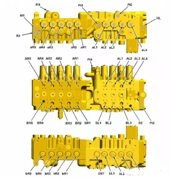 卡特330D2挖掘機主控制閥各閥口功能標(biāo)注講解